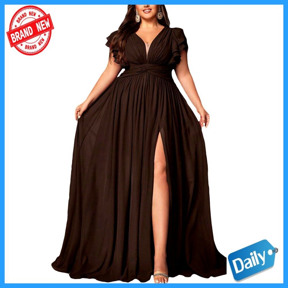 Elegant Plus Size Maxi Dress V Neck Ruffle Sleeve Formal Evening Party Gown